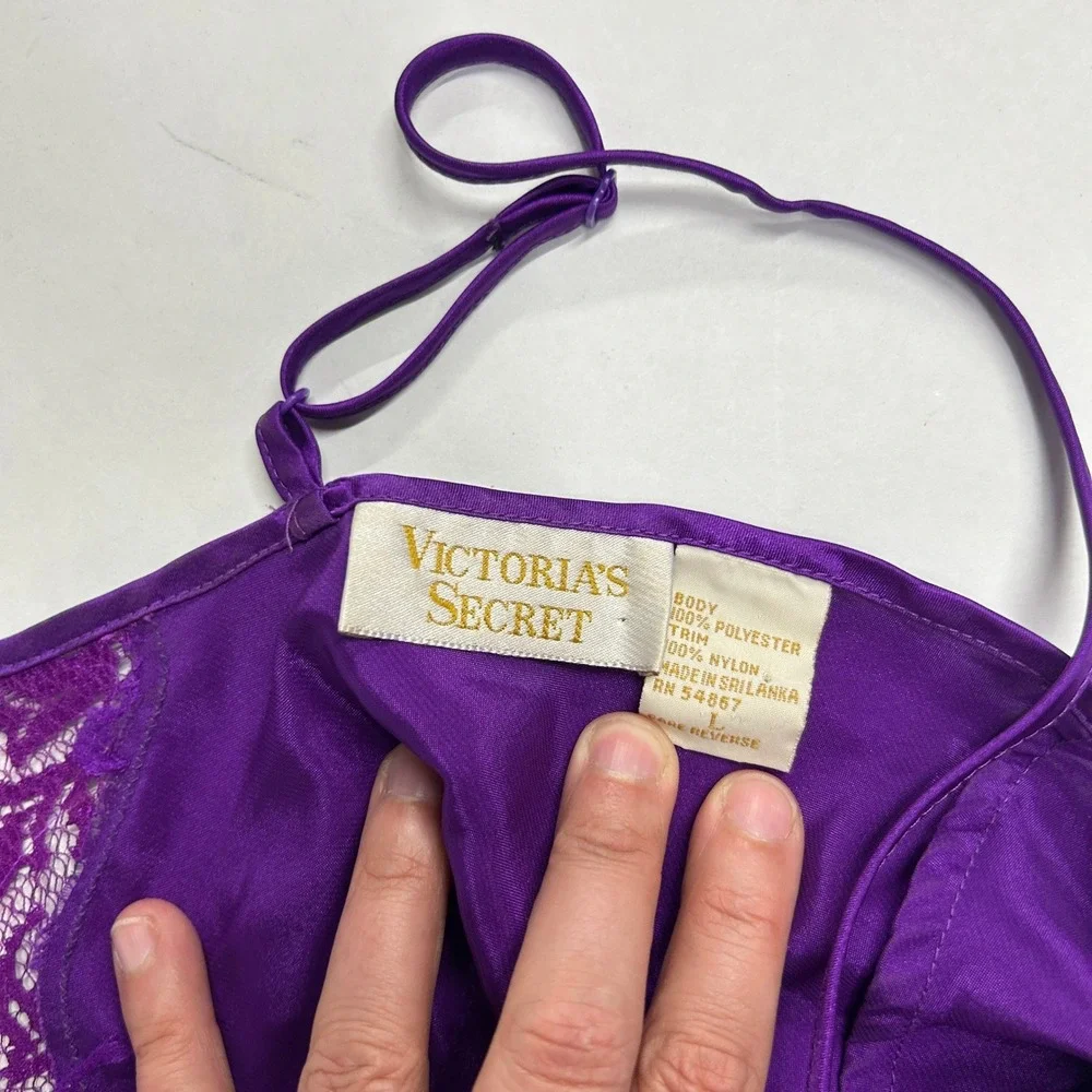 Victoria Secret Gold Label Satin Lace Trim Chemise Large Purple Vintage Coquette